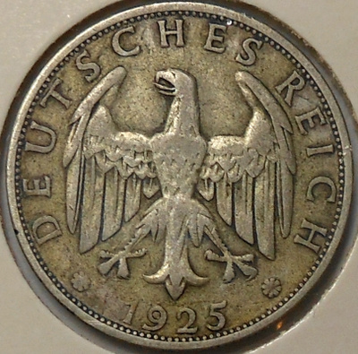 Saksa. 2 reichsmark 1925A. Hopea 0.500 10g.