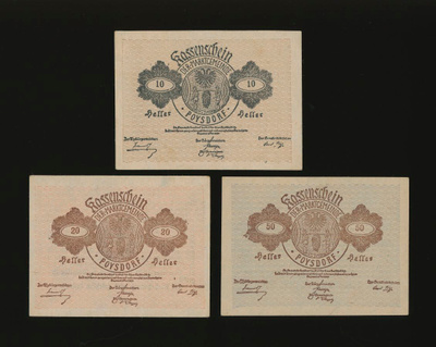 Itävalta Notgeld 10, 20, 50 Heller, Poysdorf 1920