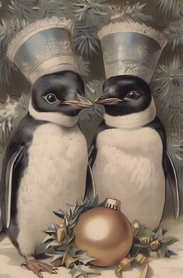 Kaksi pingviiniä, joulupallo
