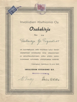 OKK 1943 Invaliidien Kivihiomo Oy, Helsinki osakekirja