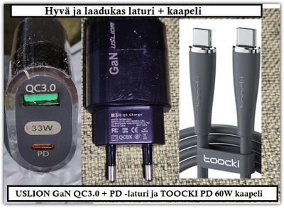 Uslion USB A ja USB C 33W GaN-pikalaturi + kaapeli #28612
