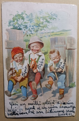 Kolme lasta - kaikilla keppihevoset, vanha väripk, p. 1926