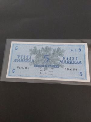 Pakka sileä 5mk Litt.B seteli 1963