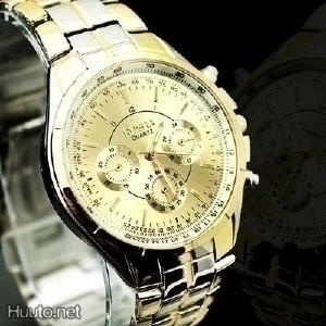 204 .. Fashion Gold Steel Quartz Mens .. Rannekello