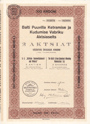 OKK 1928 Eesti Balti Puuvilla Ketramise ja Kudumise Vabriku