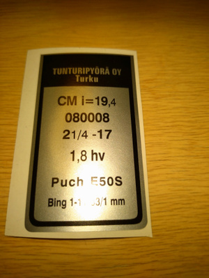 tyyppikilpi-tarra 080008 Tunturi City S 1,8hv