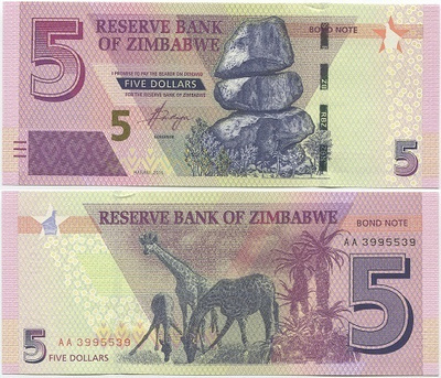 Zimbabwe 5 Dollars 2016 (P-100) UNC