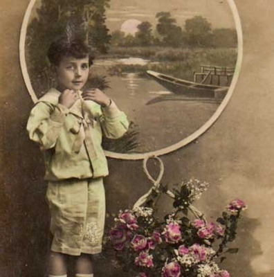 LAPSI / Romanttinen poika ja järvimaisema illalla. 1900-l.