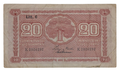 20 Markkaa 1922 Litt. C K0306297 Heu - Kiv