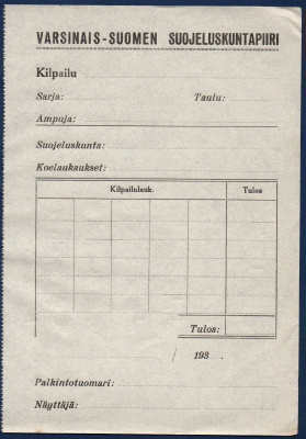 Suojeluskunta Varsinais-Suomi Ammunta lomake 30luku