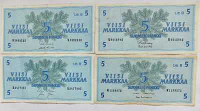 4 Seteliä 5 mk 1963 Litt B Sarjat V U Ä N
