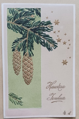 Kuusenoksa, käpyjä, tähtiä (kohopaino, kultaus), p. 1910