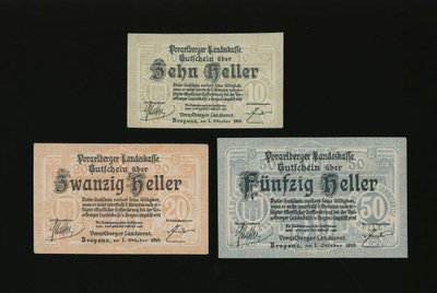 Itävalta Notgeld 10, 20, 50 Heller, Bregenz 1919