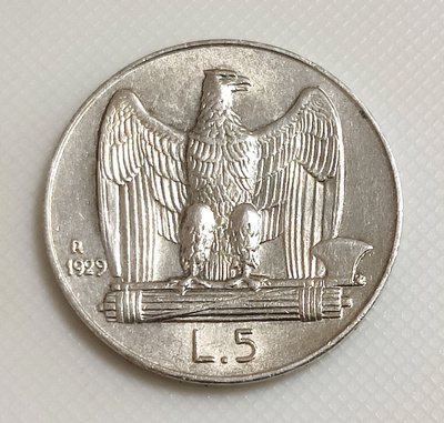 Italia 5 Lire 1929R, Vittorio Emanuele III, hopeakolikko