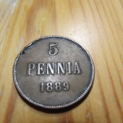 5 Penniä 1889 mahd. kl 3 virhe