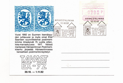 Hämeenlinna: Tavast ex.92 (erikoisleima30.10.1992, musta)