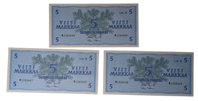 5 Markkaa 1963 Litt. B, peräkkäiset numerot