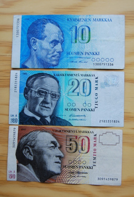 Viimeinen markkasetelisarja 10, 20, 50 mk Suomen pankki