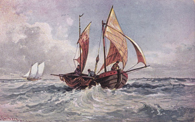 Purjevene, maalaus, wanhakortti b480