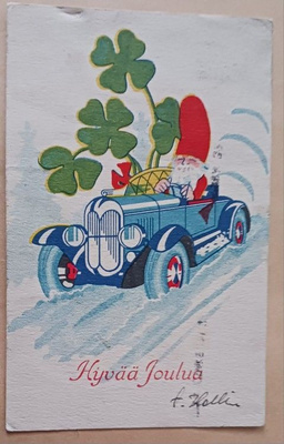 Joulu-ukko autoilee, mukana neliapilan lehtiä, p. 1936