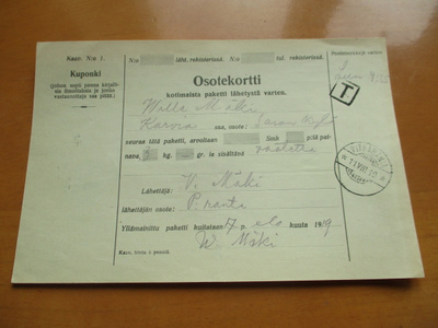1919 Pitkäranta lunastuspakettikortti Karvialle