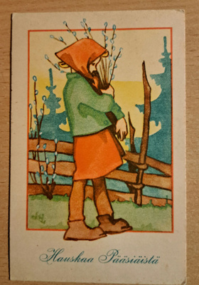 tyttö poimii pajunoksia, sign? kulkenut 1943
