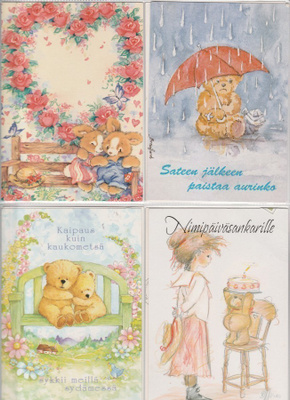 Postikorttierä, 4 korttia, Nallet / Pehmolelut