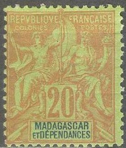 (SA0836) MADAGASCAR, 1896 ("Tablet"-type, 20c.) Mi # 34. MH*