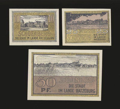 Saksa Notgeld 10, 25, 50 Pfg, Schönberg 1922