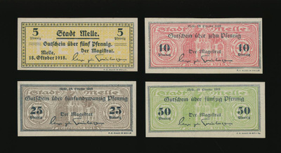 Saksa Notgeld 5, 10, 25, 50 Pfg, Melle 1918