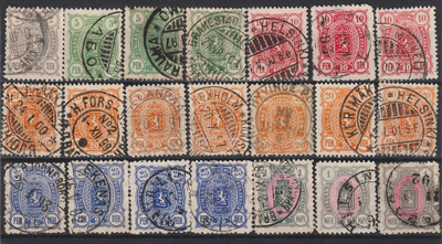 1885-95 2p -1mk Vaakunamerkkejä 21kpl, osa loistoleimattuina