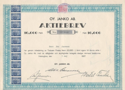 OKK 1937 Janko Oy, Helsinki osakekirja