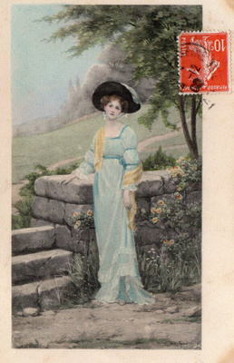 Vanha postikortti- nainen ja maisema, M.M.Vienne