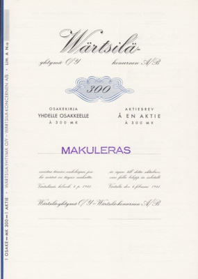 OKK 1941 Wärtsilä-Yhtymä Oy bla, Värtsilä pörssi osakekirja