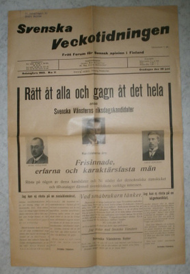 Svenska Veckotidningen, vaalilennäkki 28.6.1933