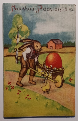 Pupu työntää jättimunaa kottikärryillä, tipu ihmettelee 1948