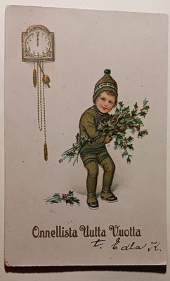 Lapsi ja kimppu rautatammen lehviä, kello, p. 1924