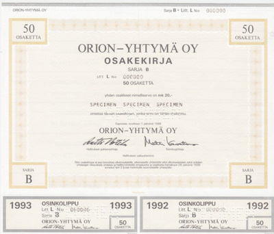 OKK 1988 Orion-Yhtymä Oy spec, Espoo osakekirja pörssi