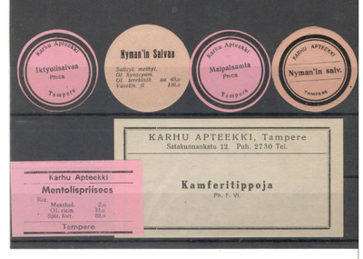 Apteekkietikettejä 6 kpl, uusia, Tampere, levyllä