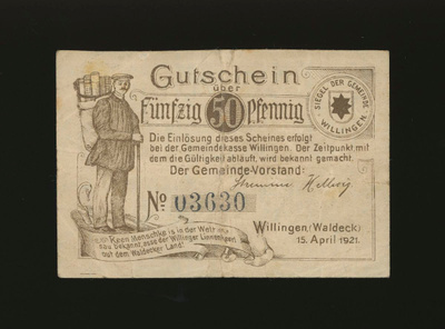 Saksa Notgeld 50 Pfennig, Willingen 15.4.1921 VF