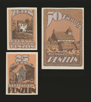 Saksa Notgeld 10, 25, 50 Pfg, Penzlin 1922