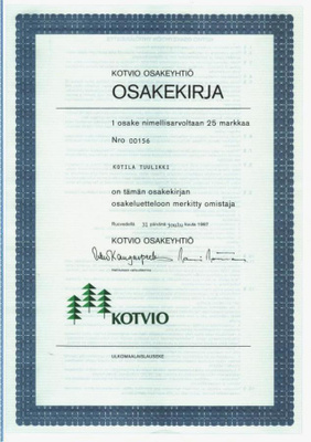 OKK 1987 Kotvio Oy, Ruovesi osakekirja saha