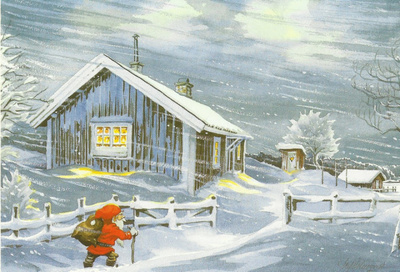 Leif Holmqvist: Tonttu kulkee lumituiskussa (taittokortti)