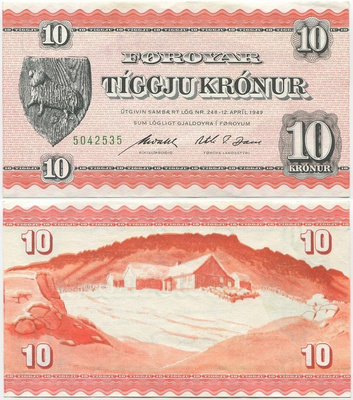 Färsaaret Föroyar 10 Kronur L.1949 (1954) (P-14d) aUNC