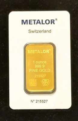 Kulta harkko 31,1 g (1 unssi) 9999 kultaa, Sveitsi, Metalor