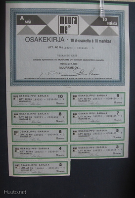 Osakekirja Muurame s. A (Litt. AC 10 osaketta) 1988