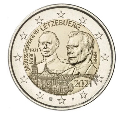 ** LUXEMBURG 2€ 2021 Jean 100 v. relief pillerissä **