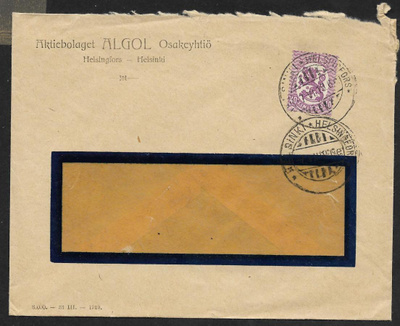 Postilähetys - Saarinen 0,40mk (LAPE 72A) Helsinki 7.6.1919