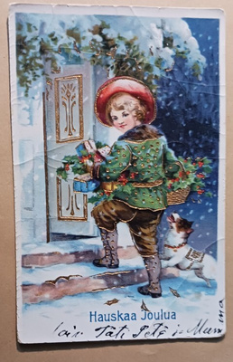 Lapsi ja koira vievät paketteja, kukkia, misteliä, p. 1927