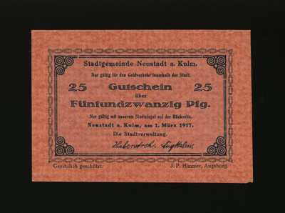 Saksa Notgeld 25 Pfennig, Neustadt 1.3.1917